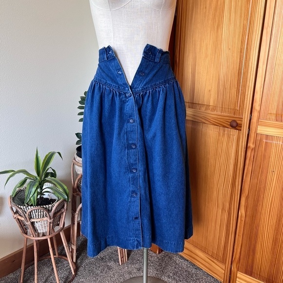 Vintage Small Denim Midi Length Skirt Pockets Modest Prairie Cottage-core Casual - Picture 3 of 7